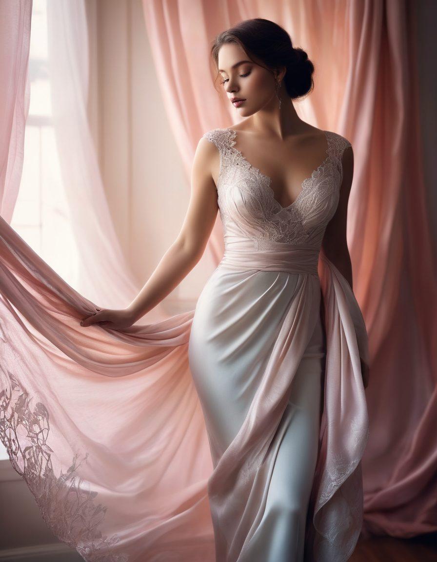 A captivating scene featuring a gracefully posed silhouette of a curvy figure, draped elegantly in flowing fabrics that accentuate sensuality. The background showcases a dreamy mix of soft pastels and abstract shapes, creating an atmosphere of allure and mystery. Soft lighting enhances the curves and contours, inviting viewers to appreciate beauty and form. Textures of silk and lace add depth to the image, making it feel intimate and provocative. super-realistic. vibrant colors. soft focus.